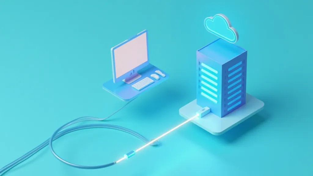 A local computer linked by a glowing cable to a cloud server, representing local and hosted LLM APIs
